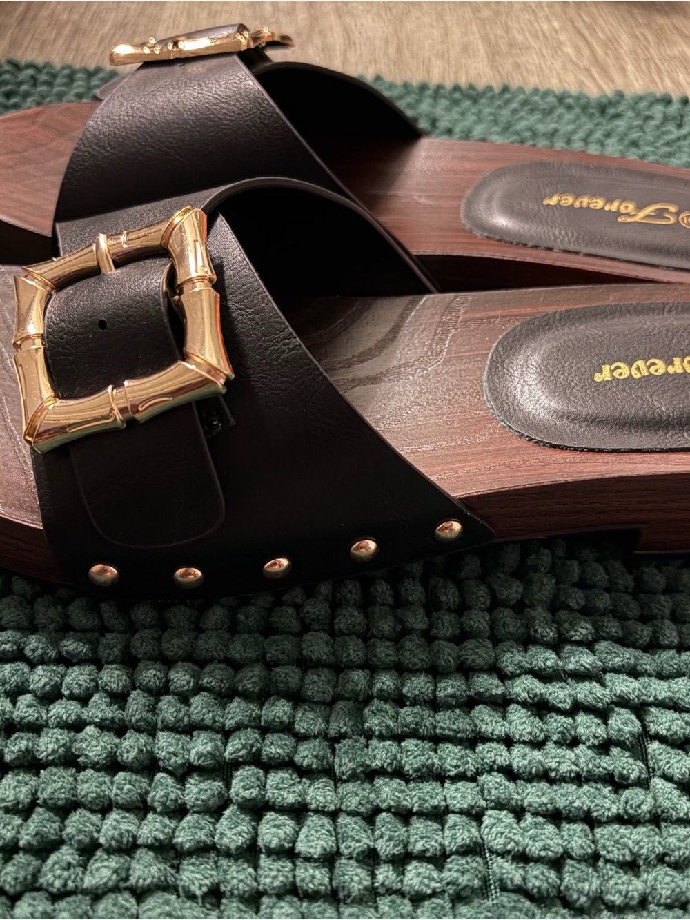 Fashion Nova Black Faux Leather Slide Mules with Gold Buckle